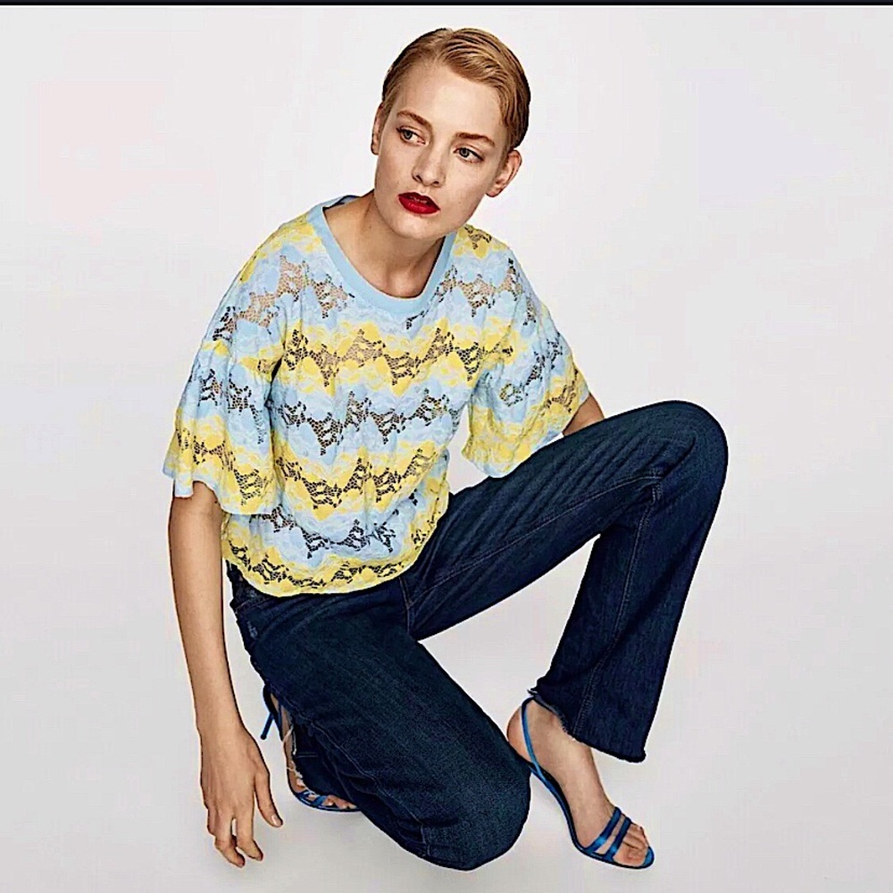 Zara Feminism Colorful Burnout Lace Pullover Bell Shaped Quarter Sleeves Top New